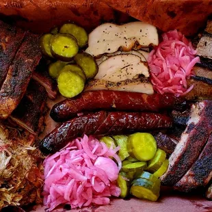 Party Platter: Pork Ribs, smoked Turkey breast, pulled pork, brisket and smoked links