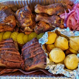 Sample Platter: Smoked Chicken, Tritip, and Aya's Cornbread Muffins with pickled onions and pickles