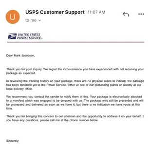 USPS support ticket stating package not received from seller.