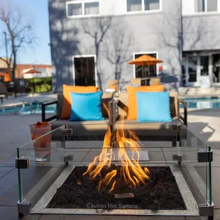 a fire pit on a patio