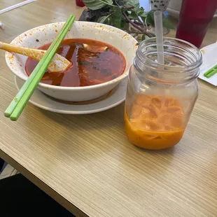 Seafood Udon noodle soup &amp; Thai tea