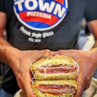 Introducing the "D'talian" Sandwich 9" italian inspired sandwich made on our in-house baked sesame sourdough bread, layered with provolone,