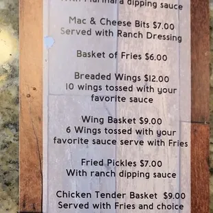 Bar food menu (March 2020)