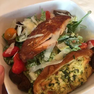 Caesar salad topped with salmon. Zucchini toast on the right was the best part!!