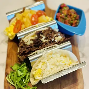 3 Tacos - Egg, Feta Cheese, Mozzarella  -Egg, Potato, Cherry Tomatoes  - Egg, Potato, Philly Steak