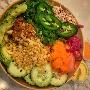 Poke Bowl with Spicy Tuna and Salmon