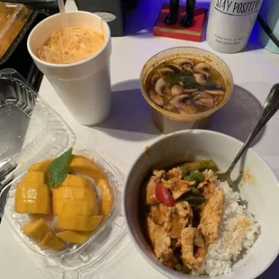 Panang Curry, Tom Yum Soup, Mango Sticky Rice, Thai Tea