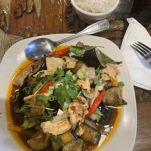 Eggplant with chicken entree and rice