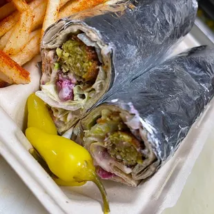 Falafel wrap with fries.