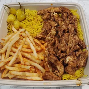 Chicken Shawarma plate with fries and rice.