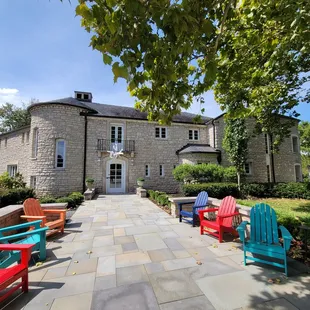Exterior of the building with fun and colorful seating!