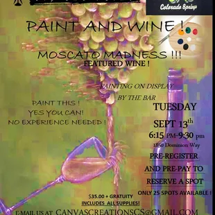 Sip N Paint Sept. 13th,  2016 email canvascreationscs@gmail.com to reserve a spot. Only 25 spot available! Book Now