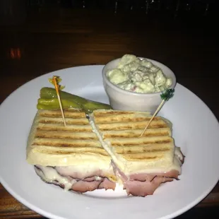 Ham and Swiss panini with potato salad