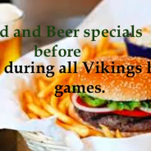 Great pre game and game food for all Vikings games. Bloody Mary's and all your other Pub favorites. Big screen TV and plenty of free parking