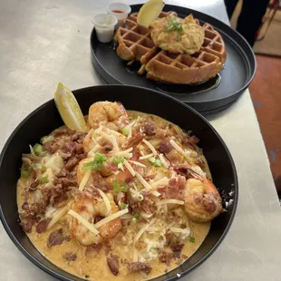 Shrimp and grits and crab cake and cornbread waffle