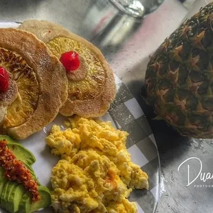 Upside down pineapple pancakes with the pineapple slushy