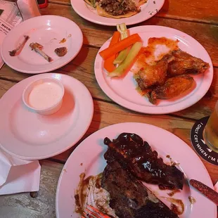 Pork tacos, wings, ribs/rings. Sorry ate rings before pic