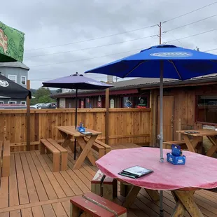 a picnic area with tables and umbrellas