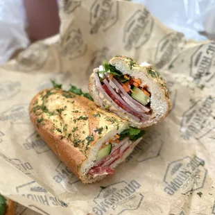 Dac biet (cold cut pork) banh mi with garlic bread
