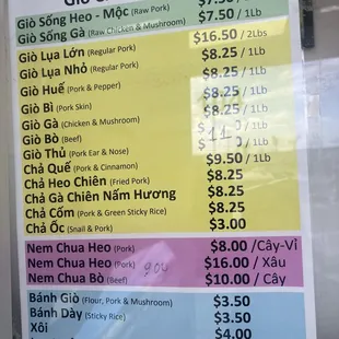 the price list for the restaurant