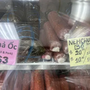 a variety of sausages for sale
