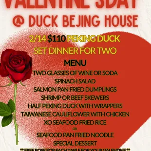 Noting is more special than bringing your Valentine this year to Duck Beijing House for a special Peking Duck set dinner!