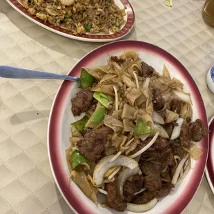 GF beef Stir Fried Ho - fun and shrimp and chicken fried rice.