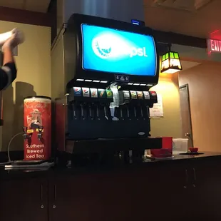Drink station. Soda and tea and coffee are complimentary