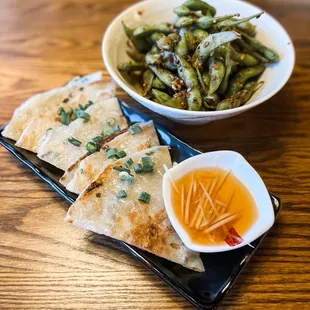 Crispy Scallion Pancake and Spicy Garlic Edamame