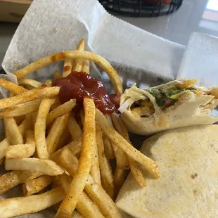 Fried &quot;fire cracker&quot; shrimp wrap and fries