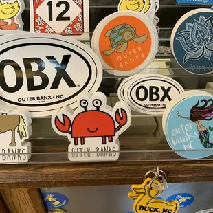 various stickers on display