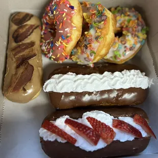 Maple Bacon Bar, Sprinkle, Fruity Pebble &amp; Strawberry long John!