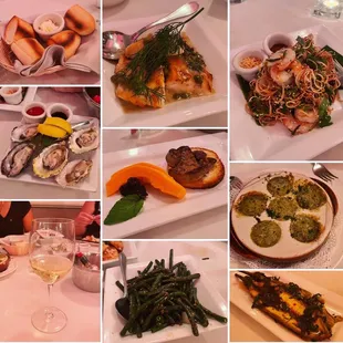 Fresh French bread, oysters, sting beans, fish in caper sauce, banana flower salad, seared foie gras, escargot, miso eggplant