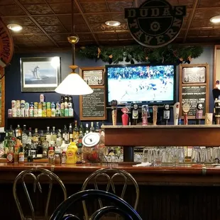 About a dozen seats at the bar and maybe 3 dozen seats- a mix of high tops and low.