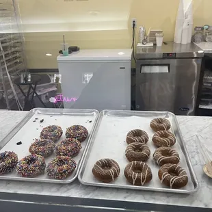 a variety of donuts on trays