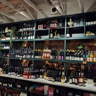 shelves full of wine bottles and wine glasses