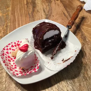 1/2 of petit fleur on L with fresh raspberry cream- Heaven!!! On R is part of the HOHO. The cream is PERFECT not overly sweet.