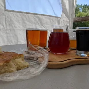 Beer Flight, Freshly made Foccacia and the PB &amp; J Mead in the middle
