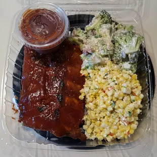 BBQ ribs, corn salad, broccoli salad