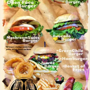 All Burgers come with fries, chile toreado, lettuce tomato &amp; pickle garnish.