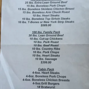 a list of items on a table