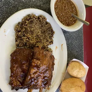 Ribs, baked beans and dirty rice were delicious