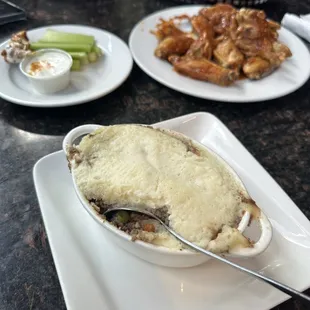 Shepherd's pie & crispy medium wings.