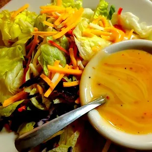 a plate of salad with dressing