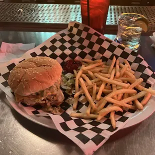 The Famous Big Chief Double Decker Burger and fries