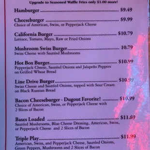 Menu burgers