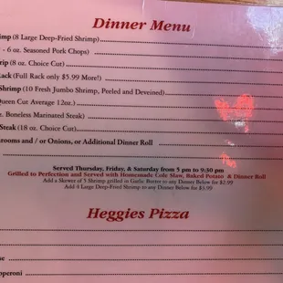 Menu dinner items
