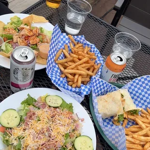 Salad, fries, wrap