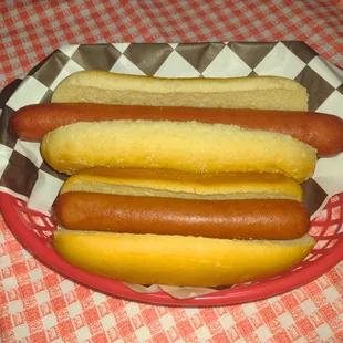 three hotdogs in a basket