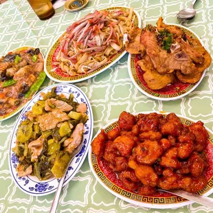 Orange Chicken, Char Siu Chow Fun (Dry), Pork Chop with Pepper Salt, Jai, sweet sour mustard cabbage with Beef.